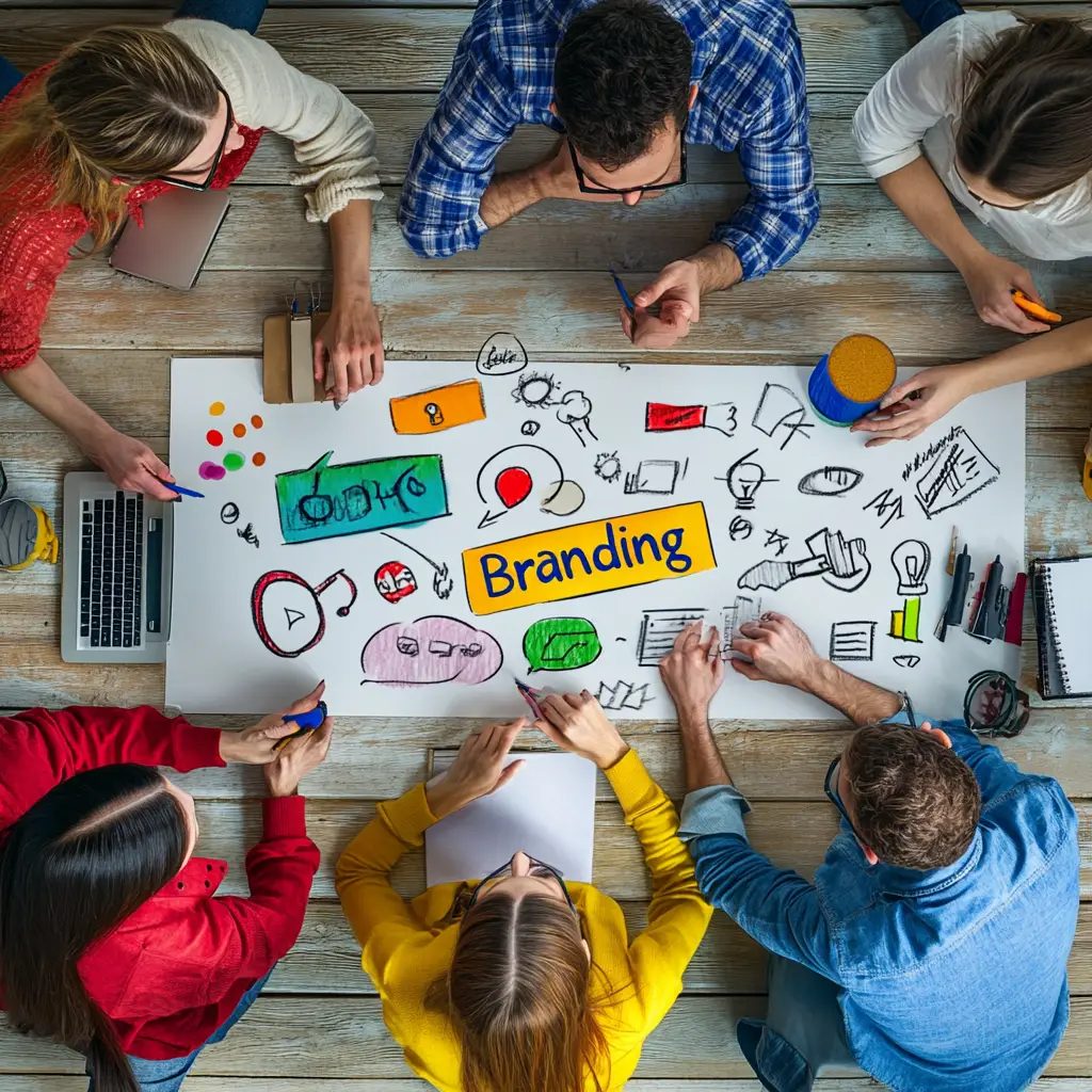 Group of people gathered at table with marketing focused icons