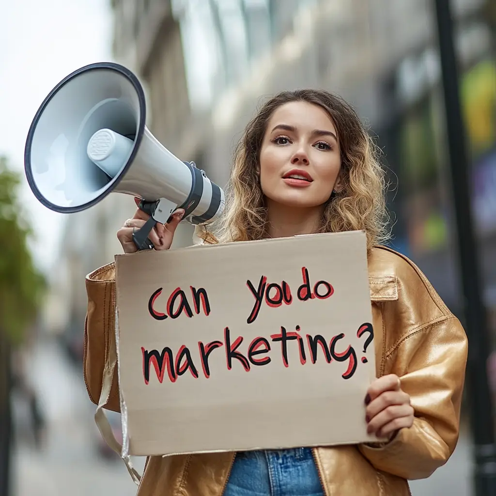 A woman holding a megaphone with a sign about marketing