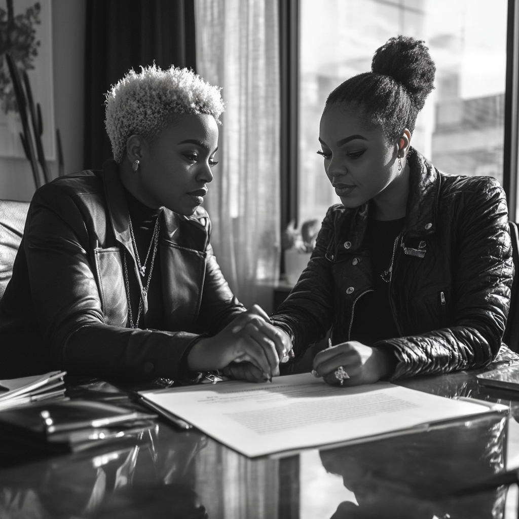 Two women working together at a desk.